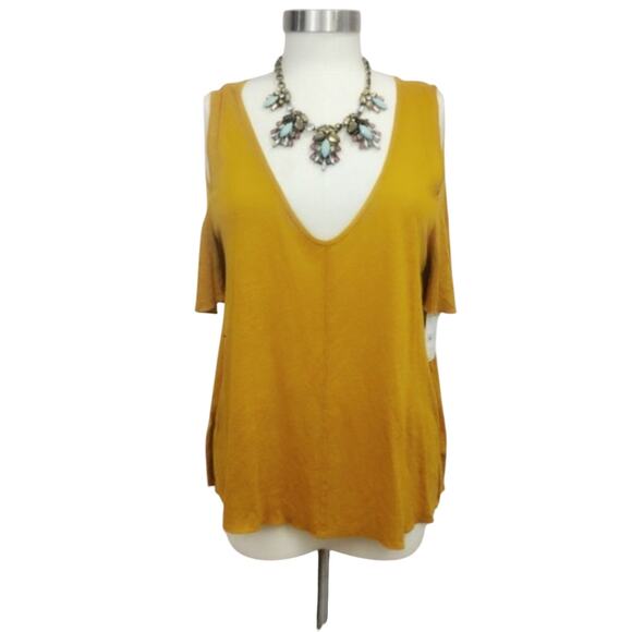 NWT Free People Bittersweet Mustard Linen Cold Shoulder Boho Top Small - Picture 2 of 6